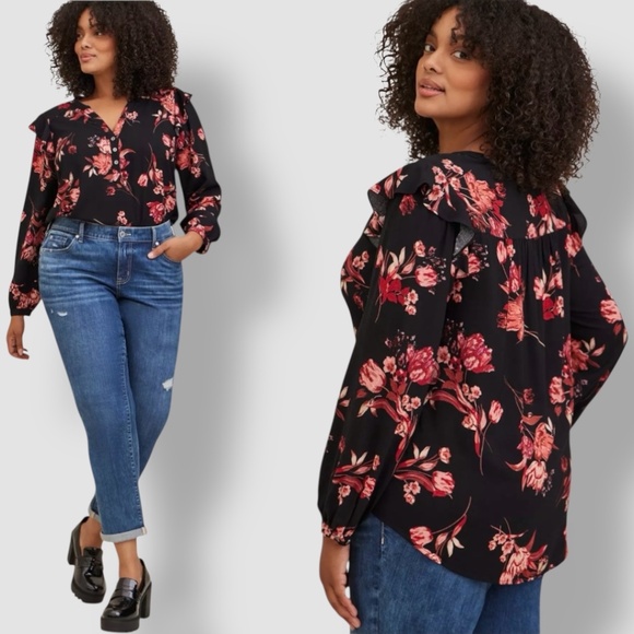 torrid Tops - TORRID Dark Floral Challis Ruffle Detail Vee Neck Long Sleeve Blouse US Sz 2X